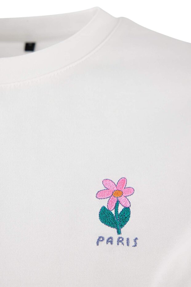 Ekru Regular/Normal Kalıp Kısa Kollu Nakışlı Tok %100 Pamuk Örme T-Shirt TWOSS26TS00016 - 6