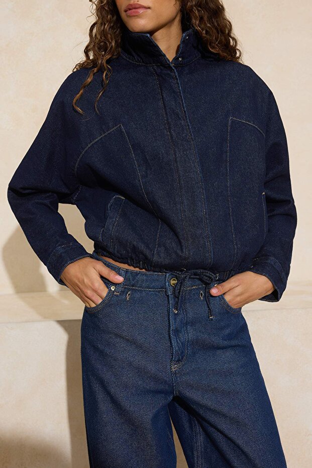 Koyu Mavi Dik Yaka Bomber 100% Pamuk Denim Ceket TWOSS26CE00003 - 4