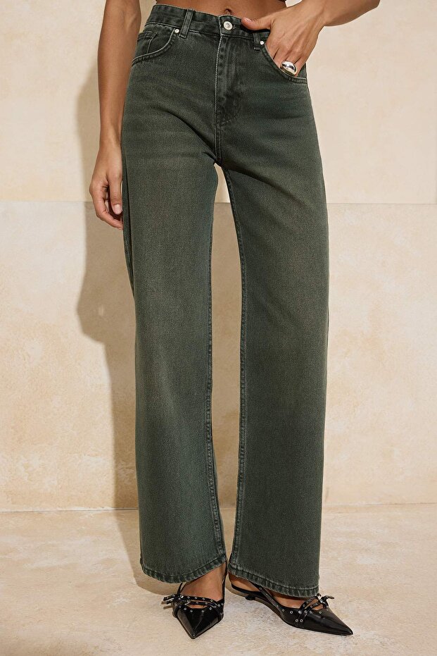 Haki Vintage Yıkama Yüksek Bel %100 Pamuk Geniş Paça Wide Leg Jeans TWOSS26JE00017 - 3