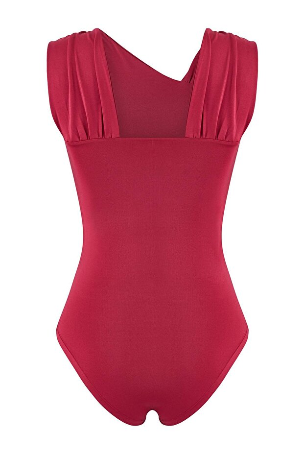 Koyu Pembe Vücuda Oturan Asimetrik Yaka Aksesuar Detaylı Çıtçıtlı Esnek Örme Body TWOSS26BD00005 - 6