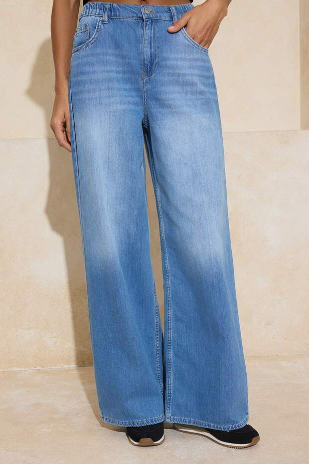 Mavi DÖKÜMLÜ Beli Lastikli %100 Pamuk Yüksek Bel Ekstra Geniş Paça Wide Leg Jeans TWOSS26JE00046