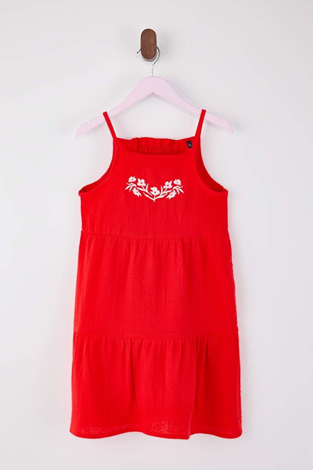 Kırmızı Kısa / Mini Çiçekli 23 Nisan DokumaElbise TKDSS25EL00011 - 1