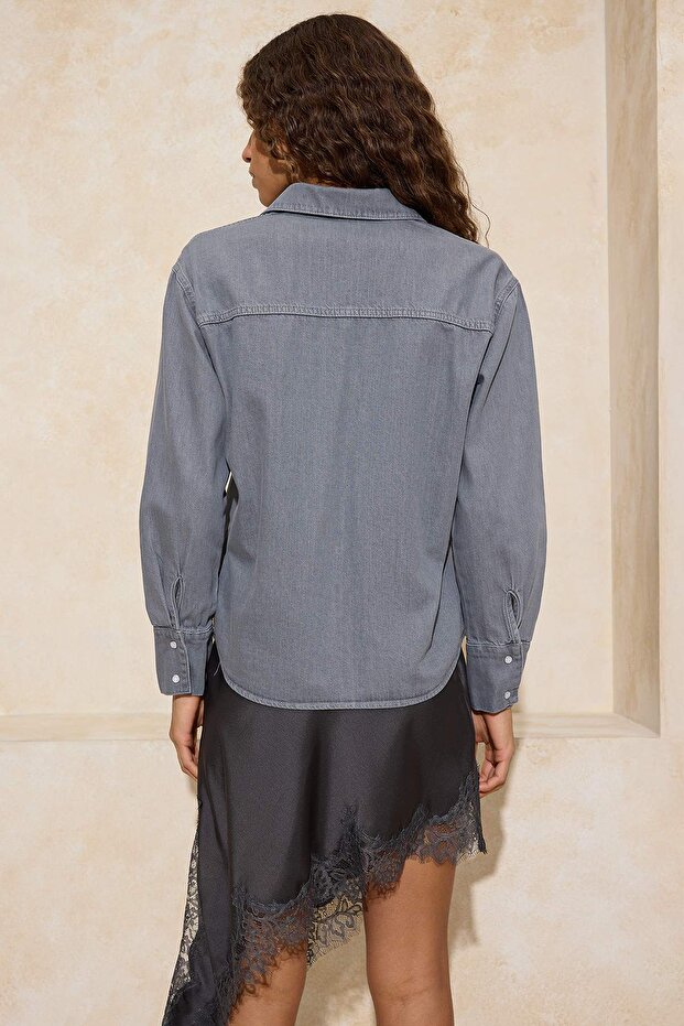 Gri Oversize Basic 100% Pamuk Denim Gömlek TWOSS26GO00005 - 3