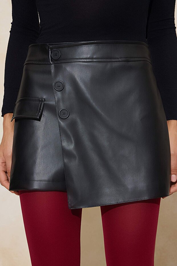 Siyah Suni Deri Mini Kruvaze Şort Etek TWOSS26SR00012 - 6