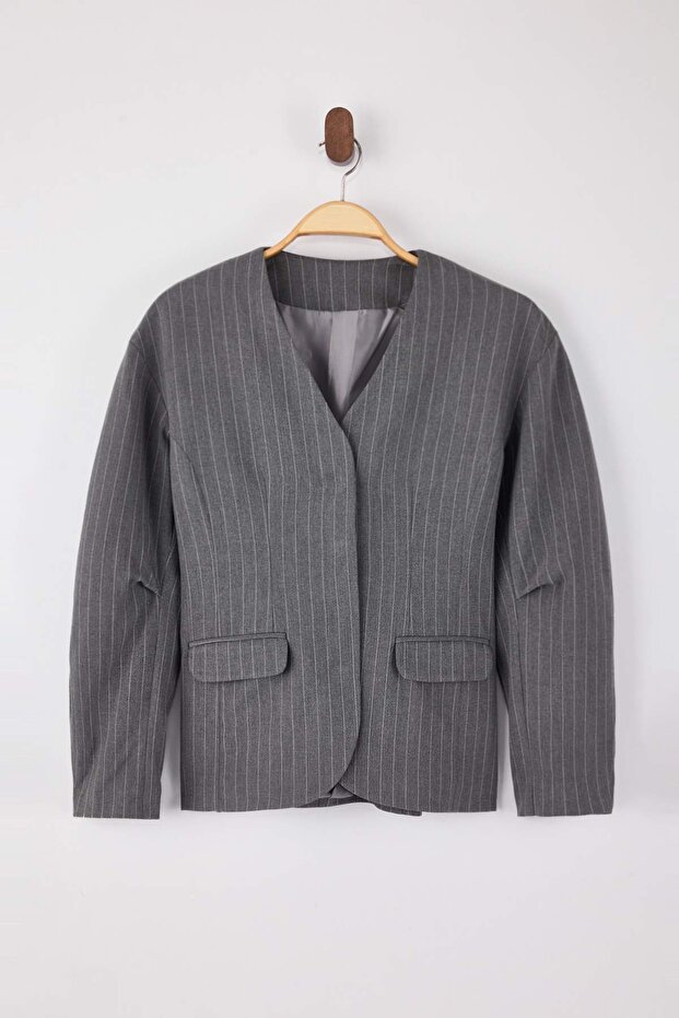 Gri Çizgili Kol Detaylı Fitted/Vücuda Oturan Astarlı Vatkalı Dokuma Blazer Ceket TWOSS26BC00025 - 6