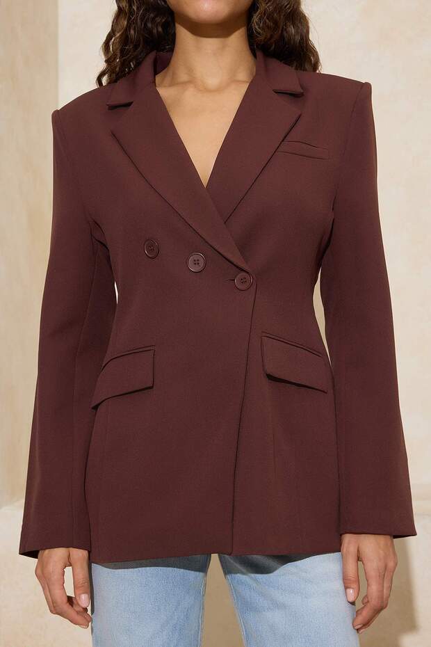 Kahverengi Kapama Detaylı Astarlı Vatkalı Blazer Ceket TWOSS26BC00012 - 5