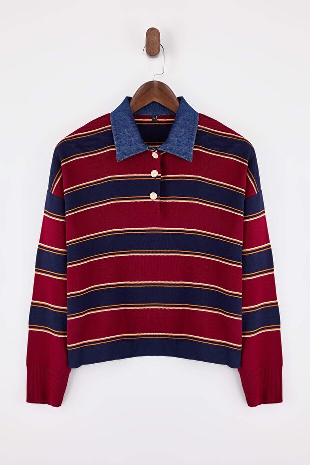 Çok Renkli Çizgili Denim Garnili Polo Yaka Triko Kazak TWOAW26KZ00283 - 5