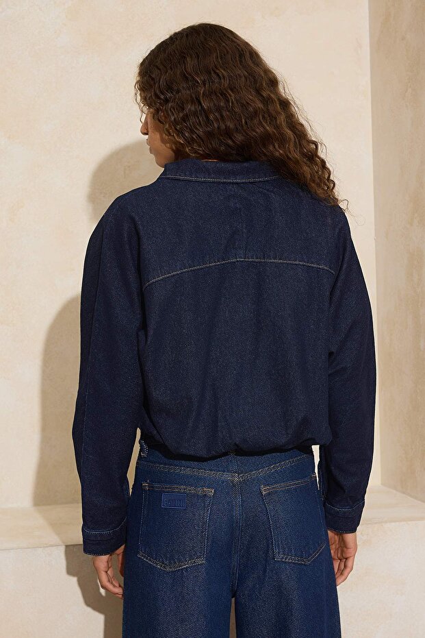 Koyu Mavi Dik Yaka Bomber 100% Pamuk Denim Ceket TWOSS26CE00003 - 5