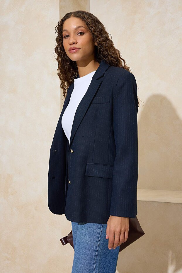 Lacivert Gümüş Düğmeli Fitted/Vücuda Oturan Dokuma Astarlı Vatkalı Blazer Ceket TWOSS26BC00015 - 2