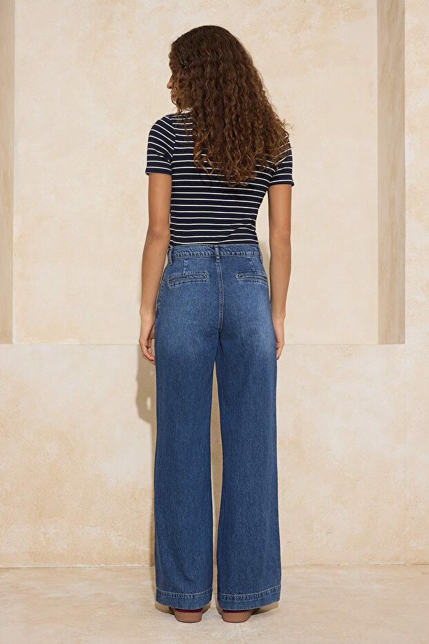 Koyu Mavi DÖKÜMLÜ Bel Detaylı Yüksek Bel %100 Pamuk Wide Leg Jeans TWOSS26JE00061 - 4