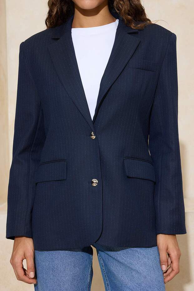 Lacivert Gümüş Düğmeli Fitted/Vücuda Oturan Dokuma Astarlı Vatkalı Blazer Ceket TWOSS26BC00015 - 3