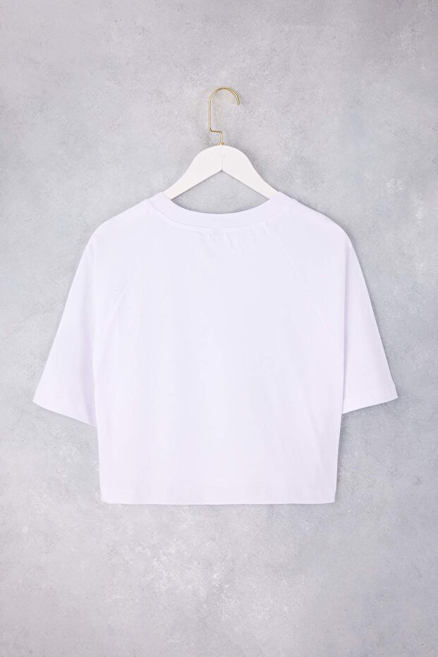 Wardrobe Essentials-Ekru Rahat Kalıp Kısa Kollu Crop %100 Pamuk Örme T-Shirt TWOSS26TS00006 - 6