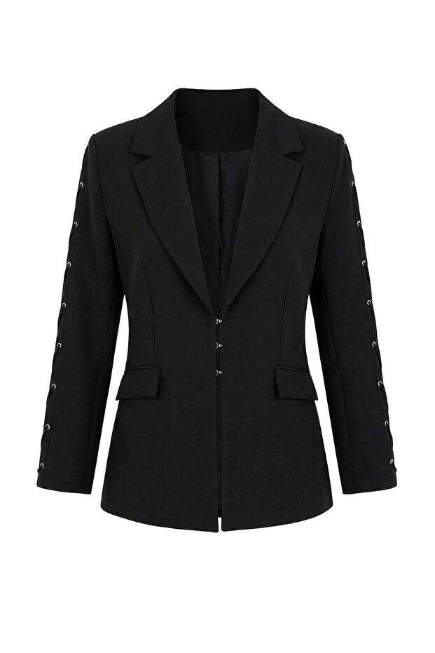 Siyah Kolları Kuşgözü Detaylı Dokuma Fitted/Vücuda Oturan Blazer Ceket TWOSS26BC00016 - 5