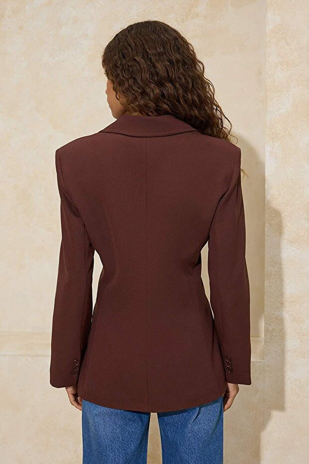 Koyu Kahverengi Fitted/Vücuda Oturan Tek Düğme Dokuma Astarlı Vatkalı Blazer Ceket TWOSS26BC00001 - 4