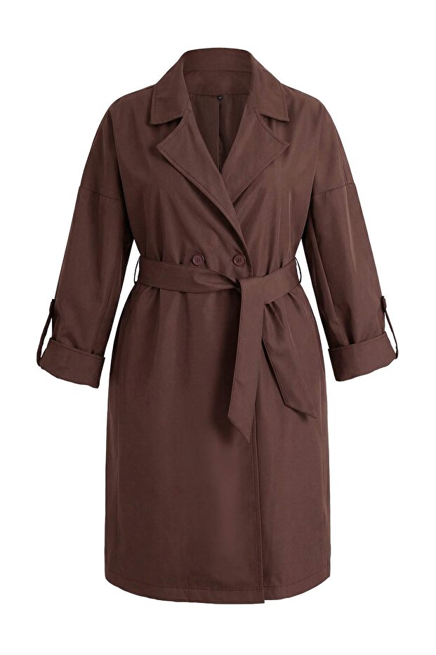 Kahverengi Oversize Büyük Beden Trençkot TBBSS25BM00001 - 9