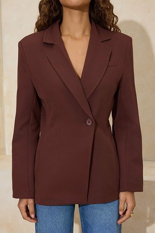 Koyu Kahverengi Fitted/Vücuda Oturan Tek Düğme Dokuma Astarlı Vatkalı Blazer Ceket TWOSS26BC00001 - 2
