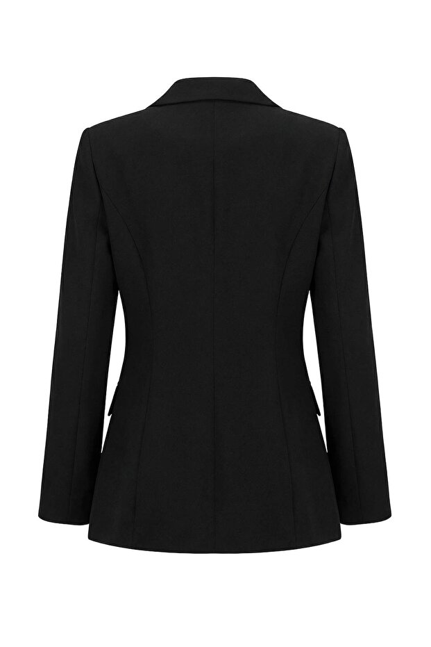 Siyah Kolları Kuşgözü Detaylı Dokuma Fitted/Vücuda Oturan Blazer Ceket TWOSS26BC00016 - 7