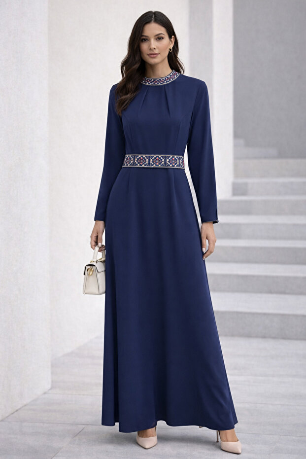 Indigo Hijab Dress with Embroidery on Collar and Belt