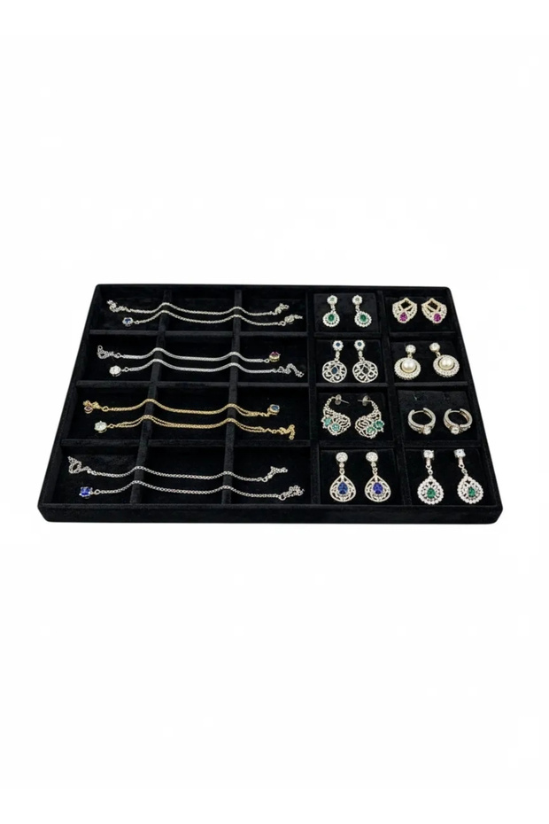 Domestic Production Suede Fabric Black Colored 34/24 cm 20 Compartment Jewelry Stand Inside Drawer