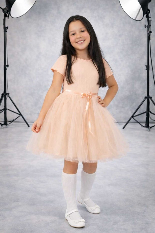 Tulle, Plain Top, Ribbed Bottom, Lined Tutu Skirt, Girl's Princess Short-Sleeved Dress