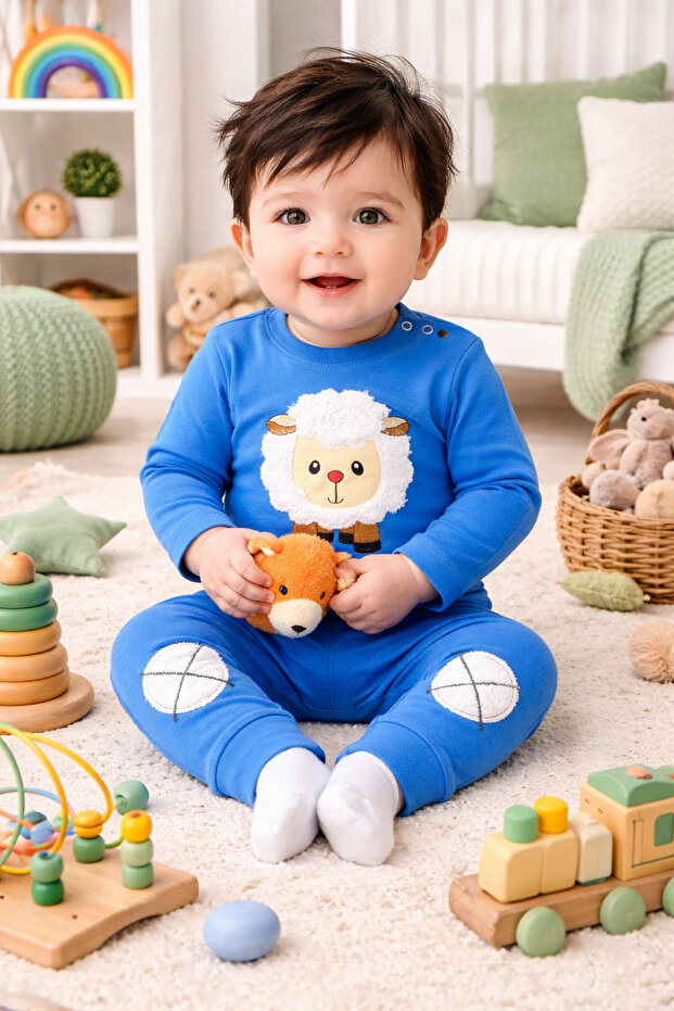 Seasonal Lamb Embroidered Top and Bottom Baby Combed Cotton Set