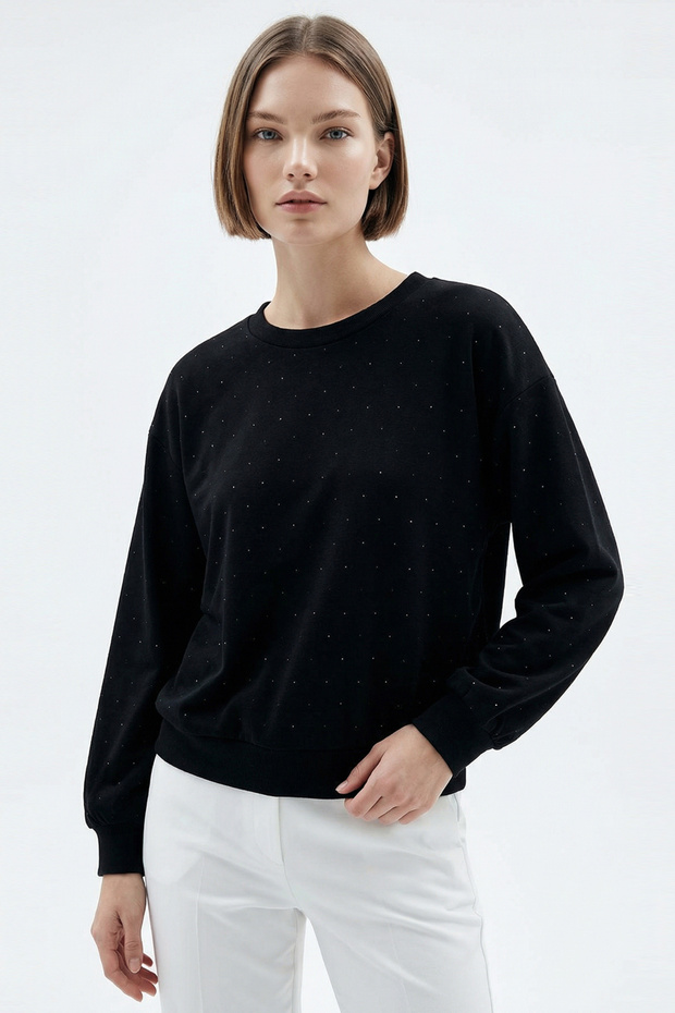 Taşlı Bisiklet Yaka Siyah Örme Sweatshirt - 6