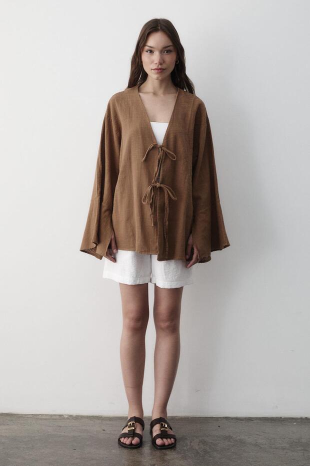Women's Batwing Sleeve Double Tie Kimono 100% Cotton Brown