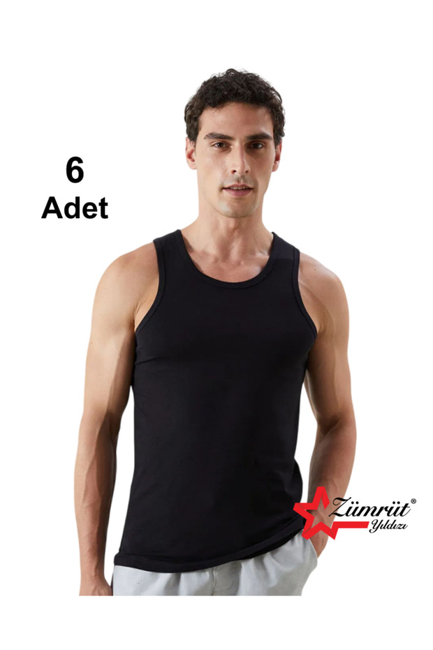 6-Piece Men's Black Undershirts with Straps, 100% Cotton
