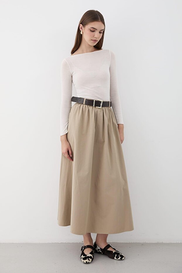 Women's Belted Ruched Detail Maxi Skirt Khaki