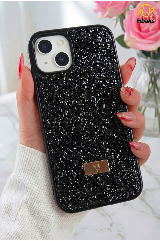 Fibaks iPhone 13/14/15 Kılıf Içi Kadife Elmas Tasarımlı Siyah Taşlı Işıltılı Pırlanta Silikon