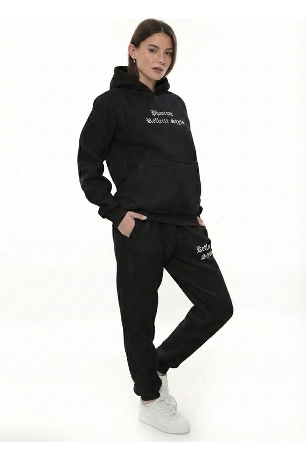 White Stylish Fleece Women's Tracksuit Set with Elasticated Legs and Pockets Hooded Compact Set