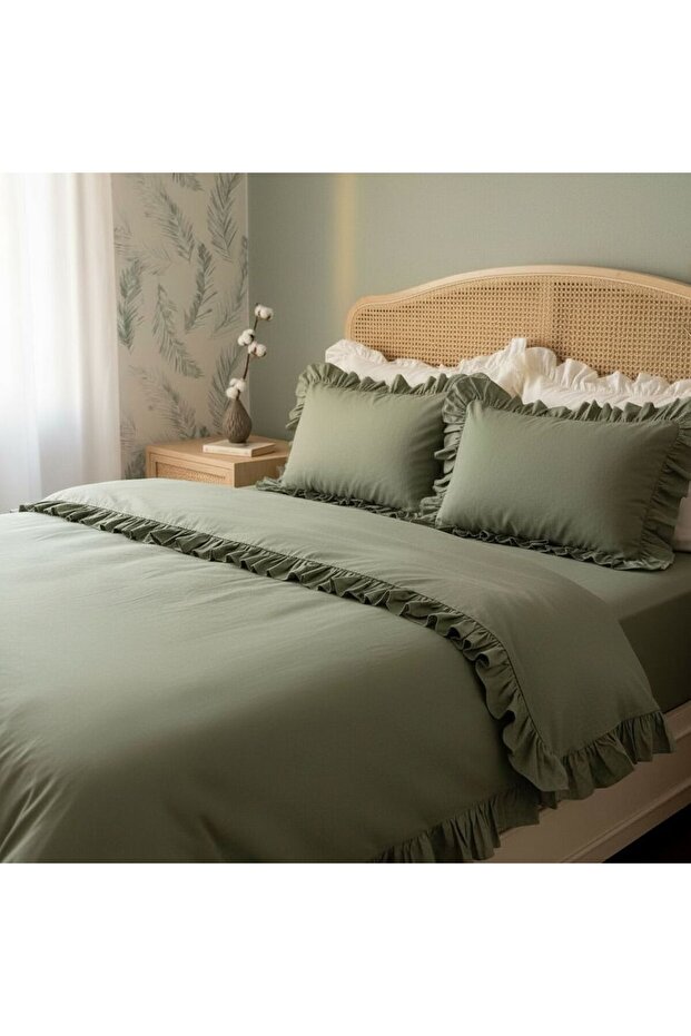 Double Frilled 100% Natural Cotton 4 Piece Duvet Cover Set