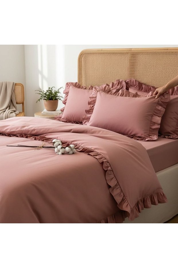 Double Frilled 100% Natural Cotton 4 Piece Duvet Cover Set