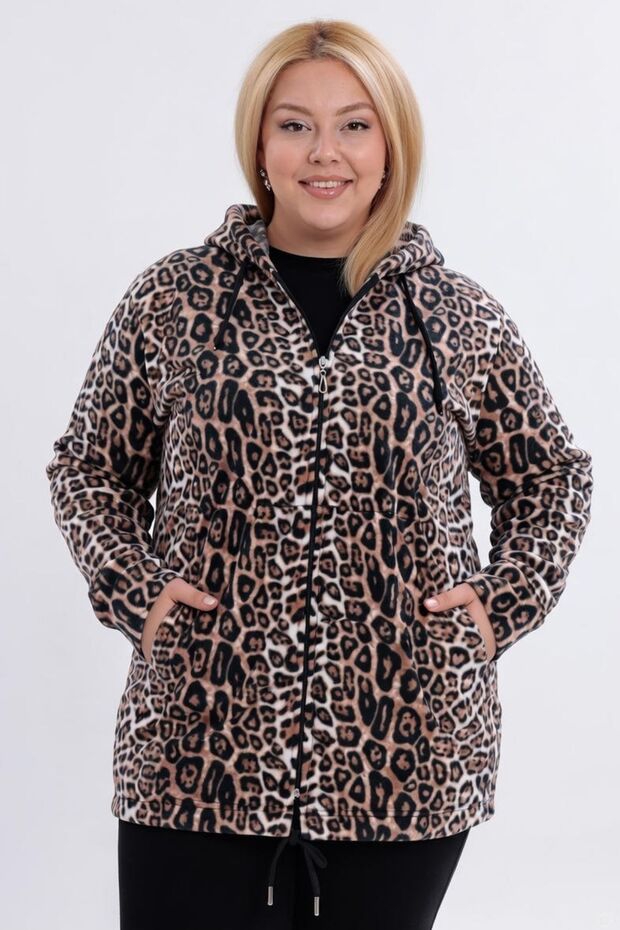 Women's Plus Size Warm Leopard Fleece Hooded Zippered Sweatshirt