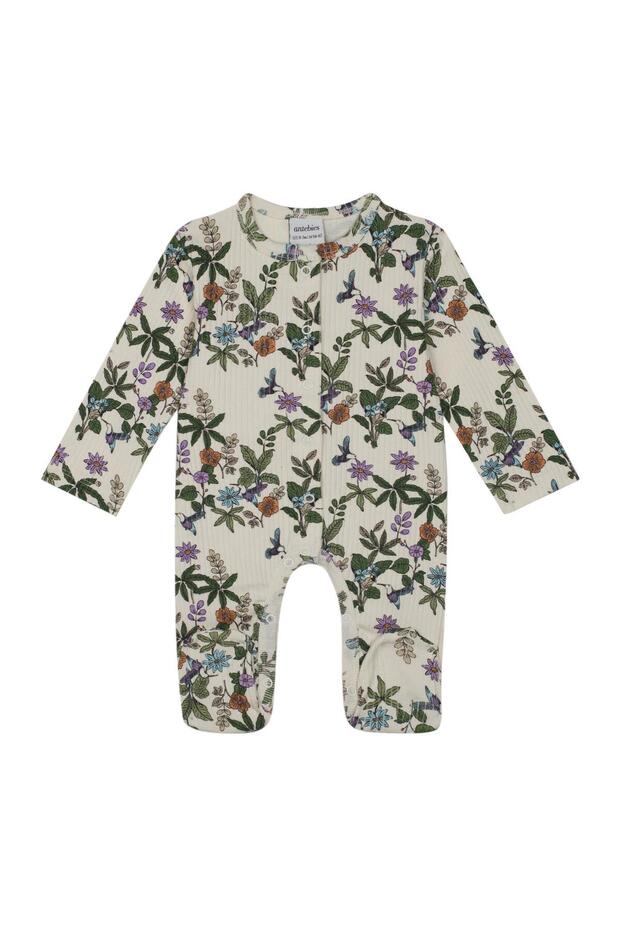 Organic Beige Rainforest Floral Patterned Snap Fastener Long Sleeve Baby Girl Romper with Booties - 1