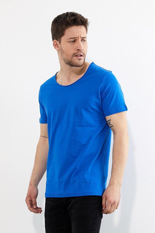 Erkek Mavi Bisiklet Yaka Basic T-shirt - 3