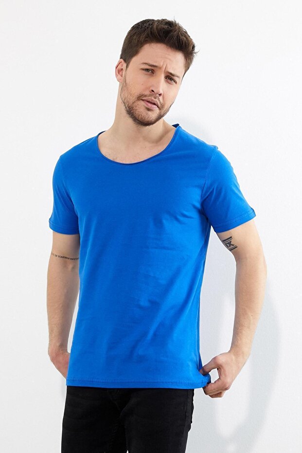 Erkek Mavi Bisiklet Yaka Basic T-shirt - 2
