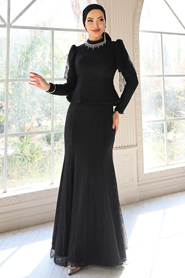 Necklace Detailed Fish Model Lace Hijab Evening Dress Black 1058
