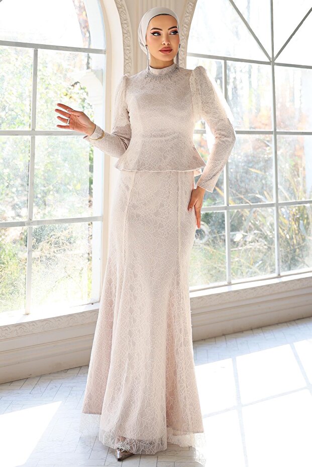 Necklace Detailed Fish Model Lace Hijab Evening Dress Stone 1058