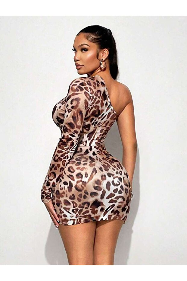 Leopard Print One-Sleeve Cut-Out Mini Dress