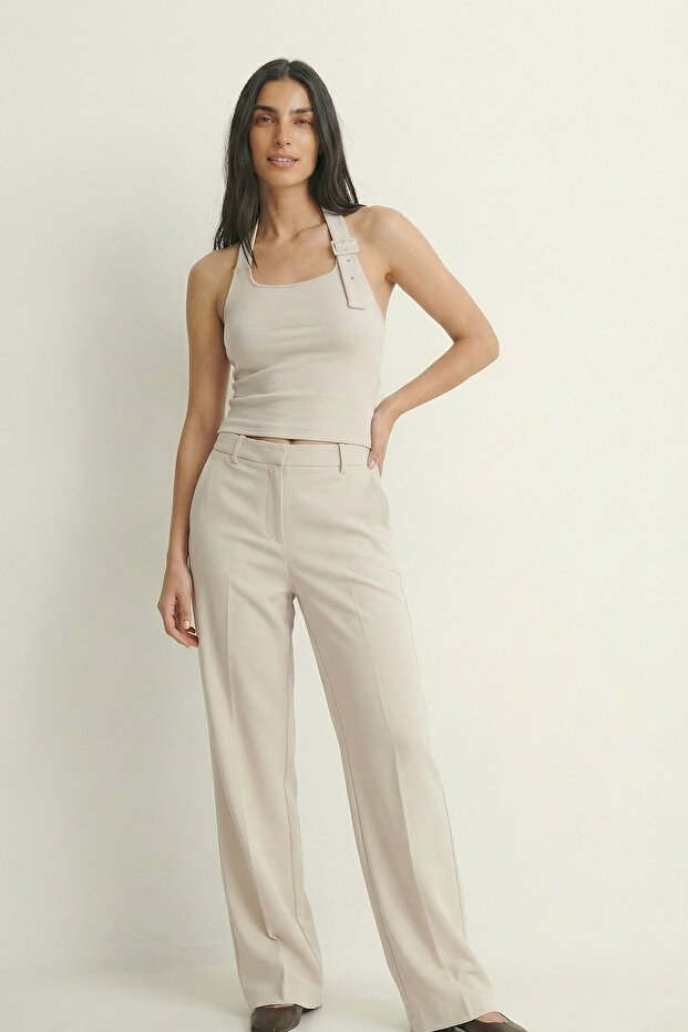 Mena Women's Slim Fit Halter Neck Belt Detail Front Double Layer Knitted Blouse & T-Shirt & Tee - Ecru