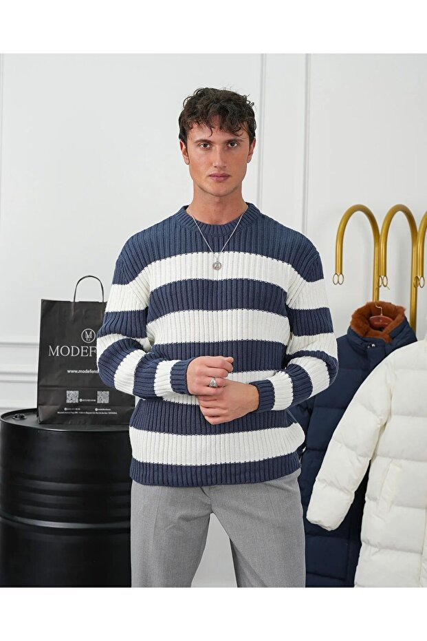 Men's Navy Blue Oversized Striped Thessaloniki Knitted Crew Neck Sweater