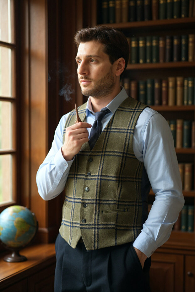 Plaid Patterned V-Neck Vest Slim Fit