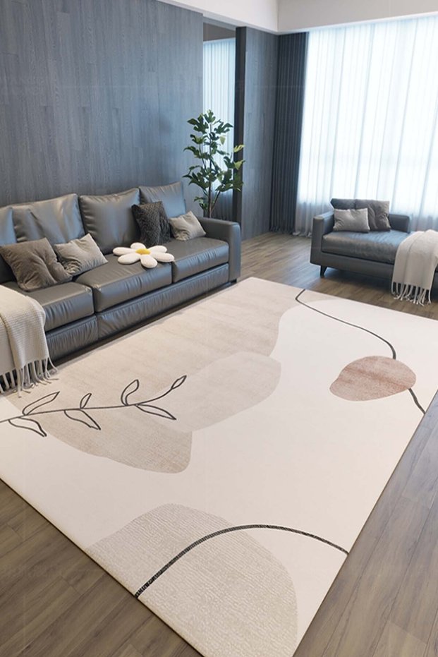 Digital Printed Non-Slip, Washable Leaf Figure Taupe Detail Cream Rug-runner-d4026