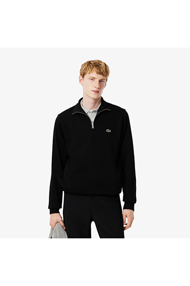 Erkek Classic Fit Yarım Fermuarlı Siyah Sweatshirt - 1