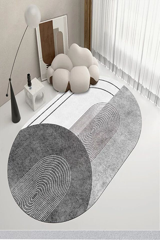 Digital Printed Non-Slip Base Washable Mink-Grey Living Room Kitchen Oval White Carpet-Mat-D7089