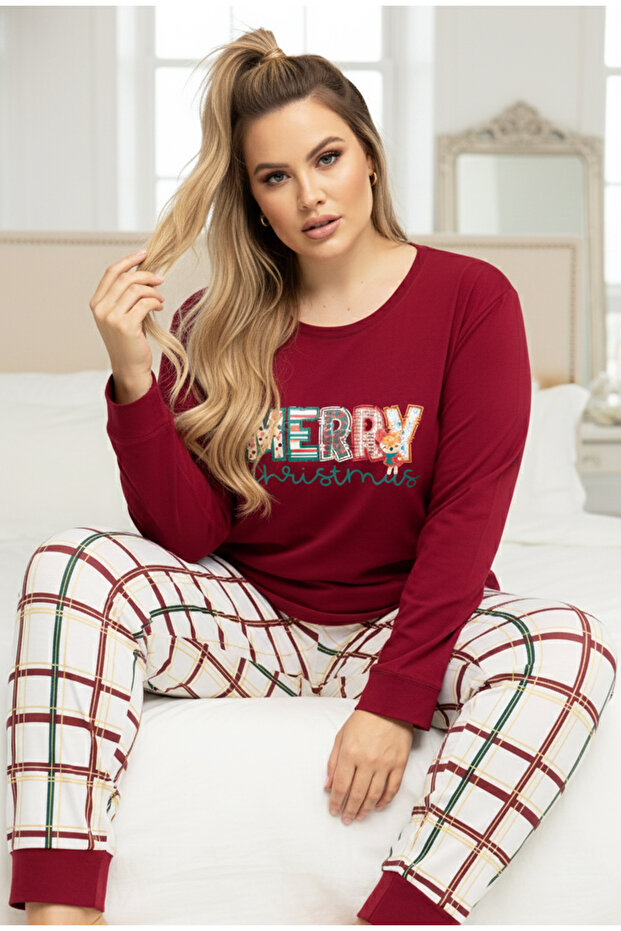 Burgundy Patterned Curve Large Size Battal Size Cotton Pajamas Suit25240858