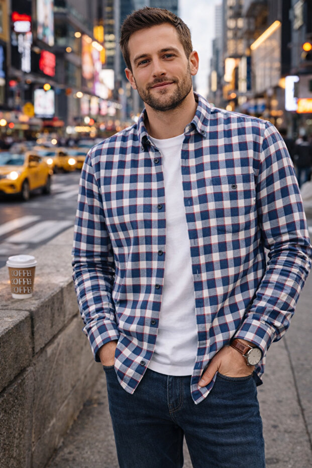 Men's Blue Checkered Winter Shirt Woolen Pocket Wide Cut