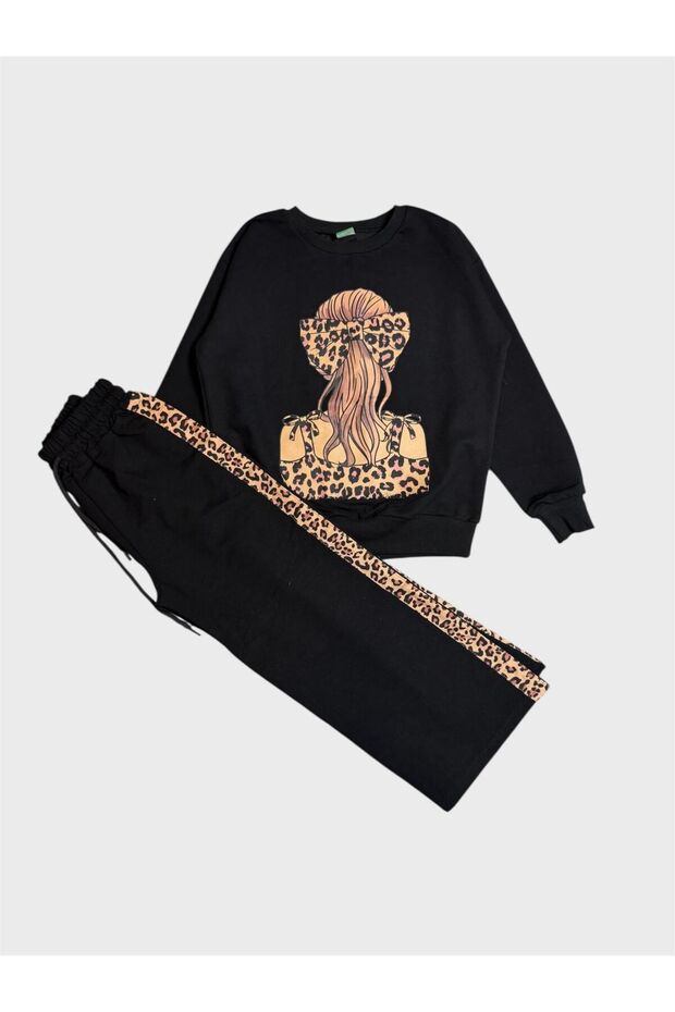 Girls' Cotton Black Leopard Printed Long-Sleeve Wide-Leg Tracksuit Set