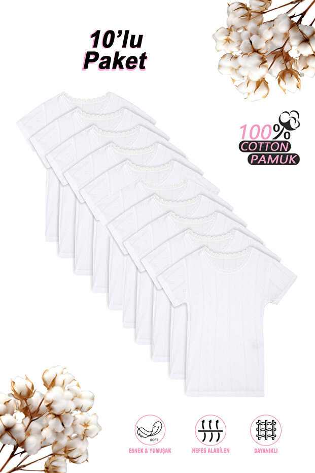 Özkan 42780 10-Pack Girls' 100% Cotton Ribbed Flexible Comfortable Short Sleeve Undershirt with Transfer Design